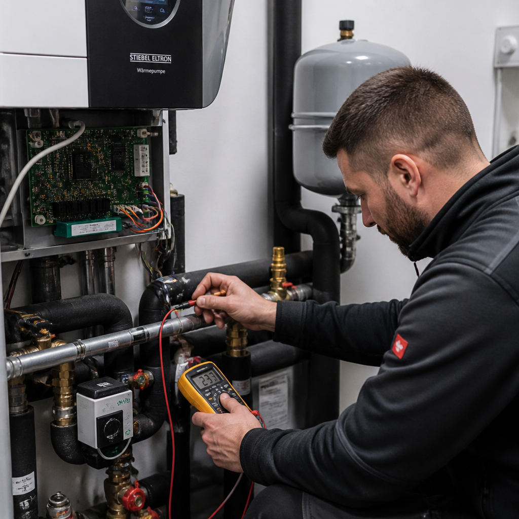 Nahaufnahme von Wärmepumpen-Montage mit Leitungen und Elektrik