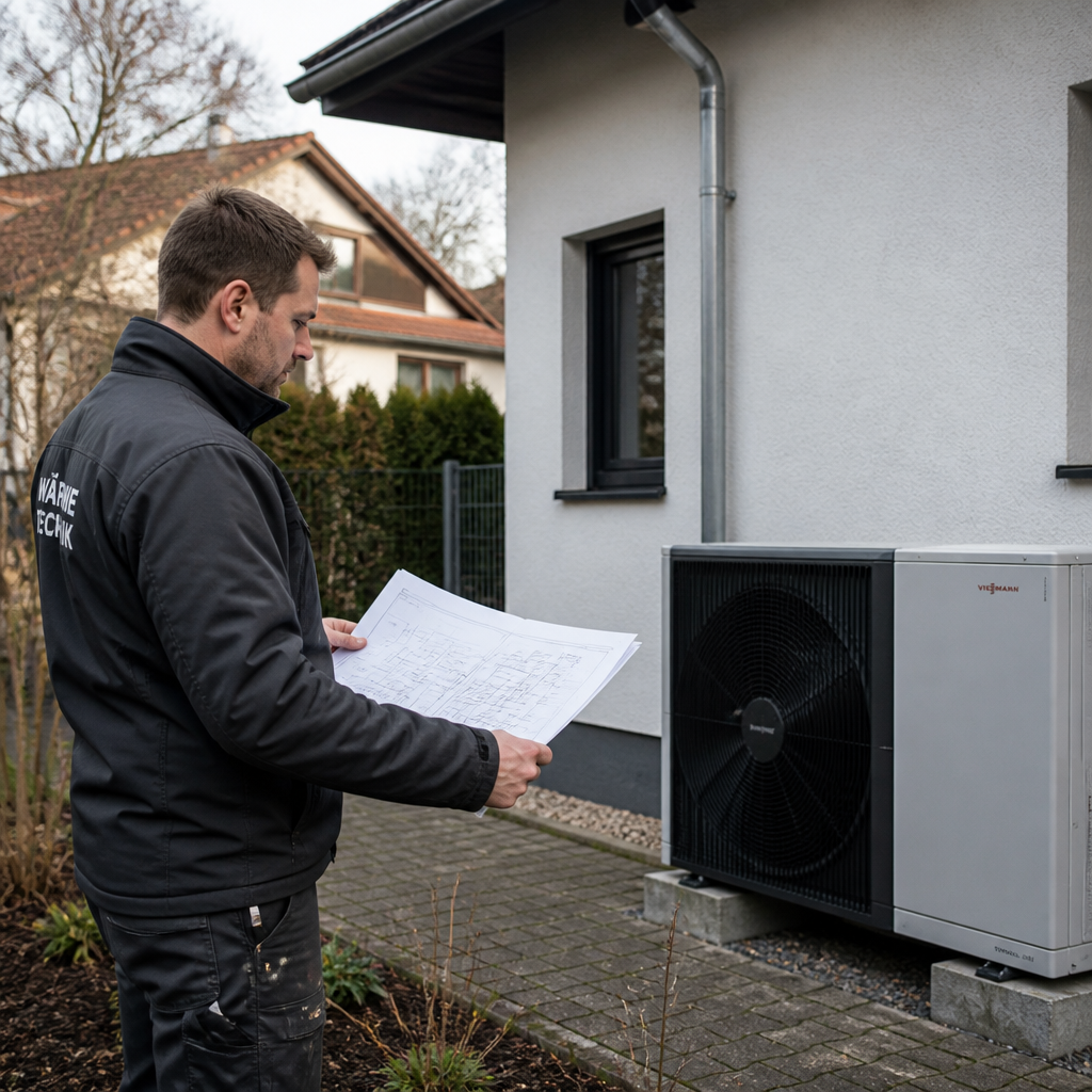 Fachbetrieb prüft die Aufstellung einer Wärmepumpe am Einfamilienhaus