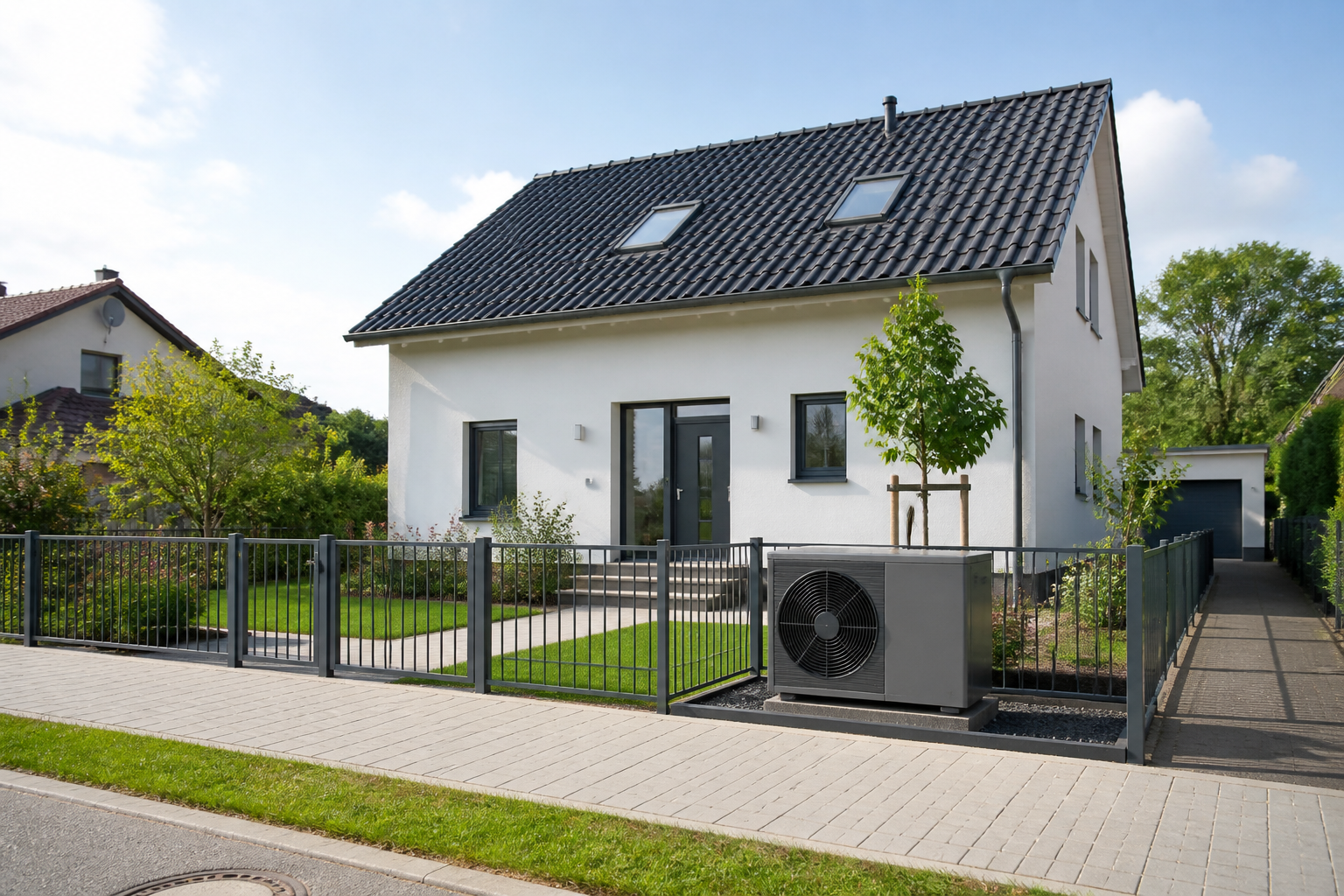 Brandenburger Einfamilienhaus mit moderner Luft-Wasser-Wärmepumpe im Vorgarten