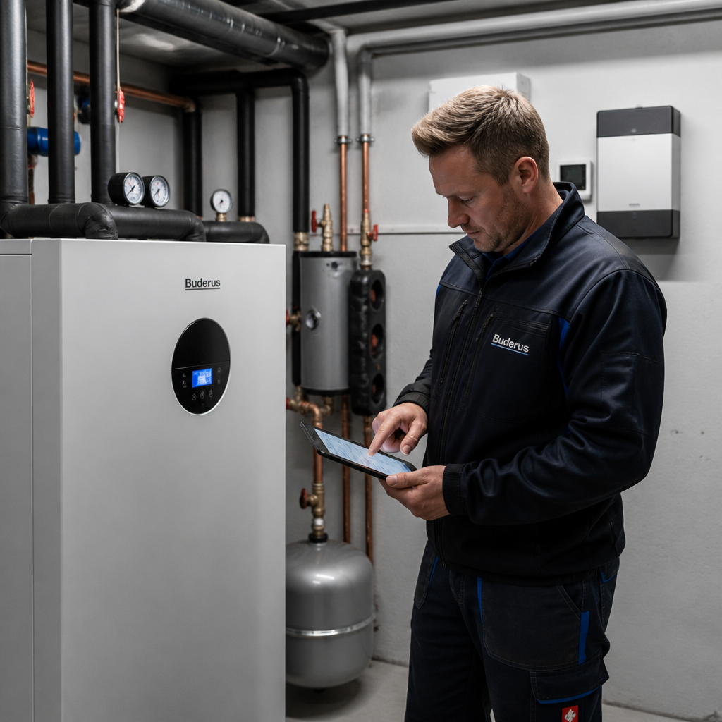 Installateur prüft die Wärmepumpenanlage in einem Berliner Keller