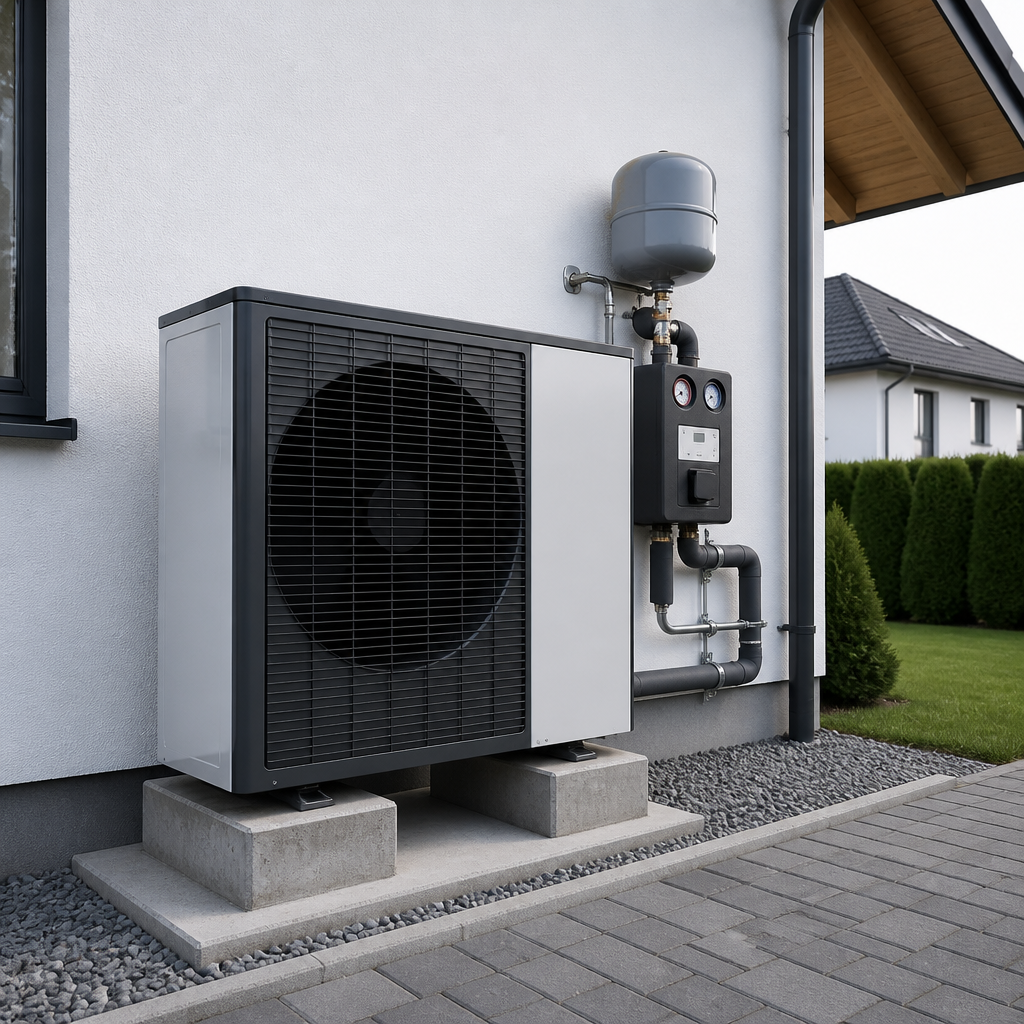 Außeneinheit einer Wärmepumpe neben einem Wohnhaus in Oranienburg