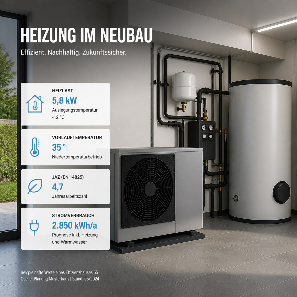 Infografik zu Heizlast, Vorlauftemperatur und Jahresarbeitszahl im Neubau