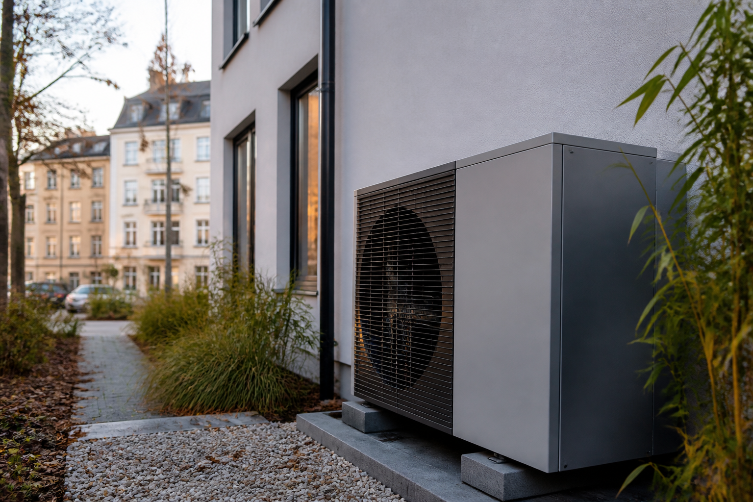 Moderne Wärmepumpe vor einem Wohnhaus in Berlin