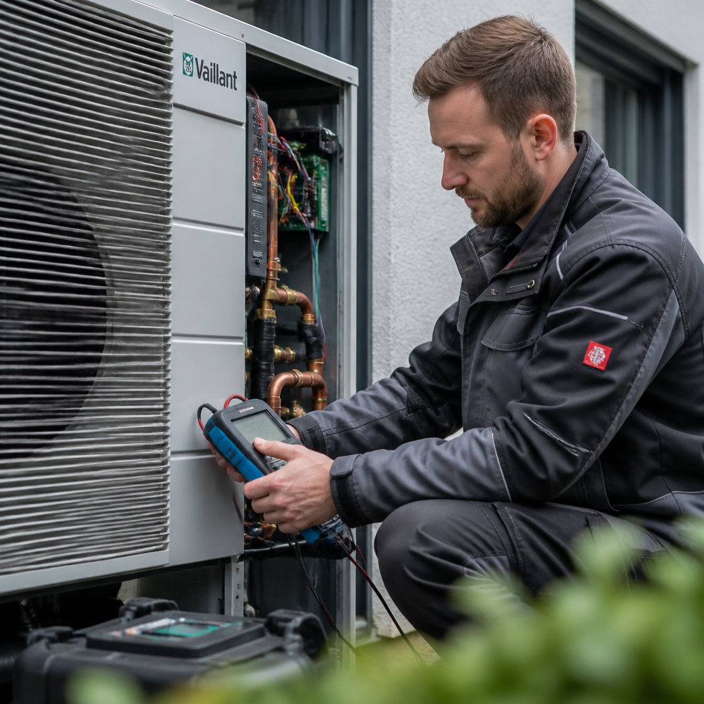 Techniker prüft Wärmepumpe bei Wartung