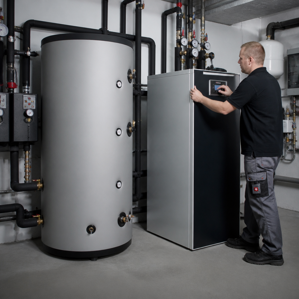 Techniker prüft Heizungsanlage und Wärmepumpe im Technikraum