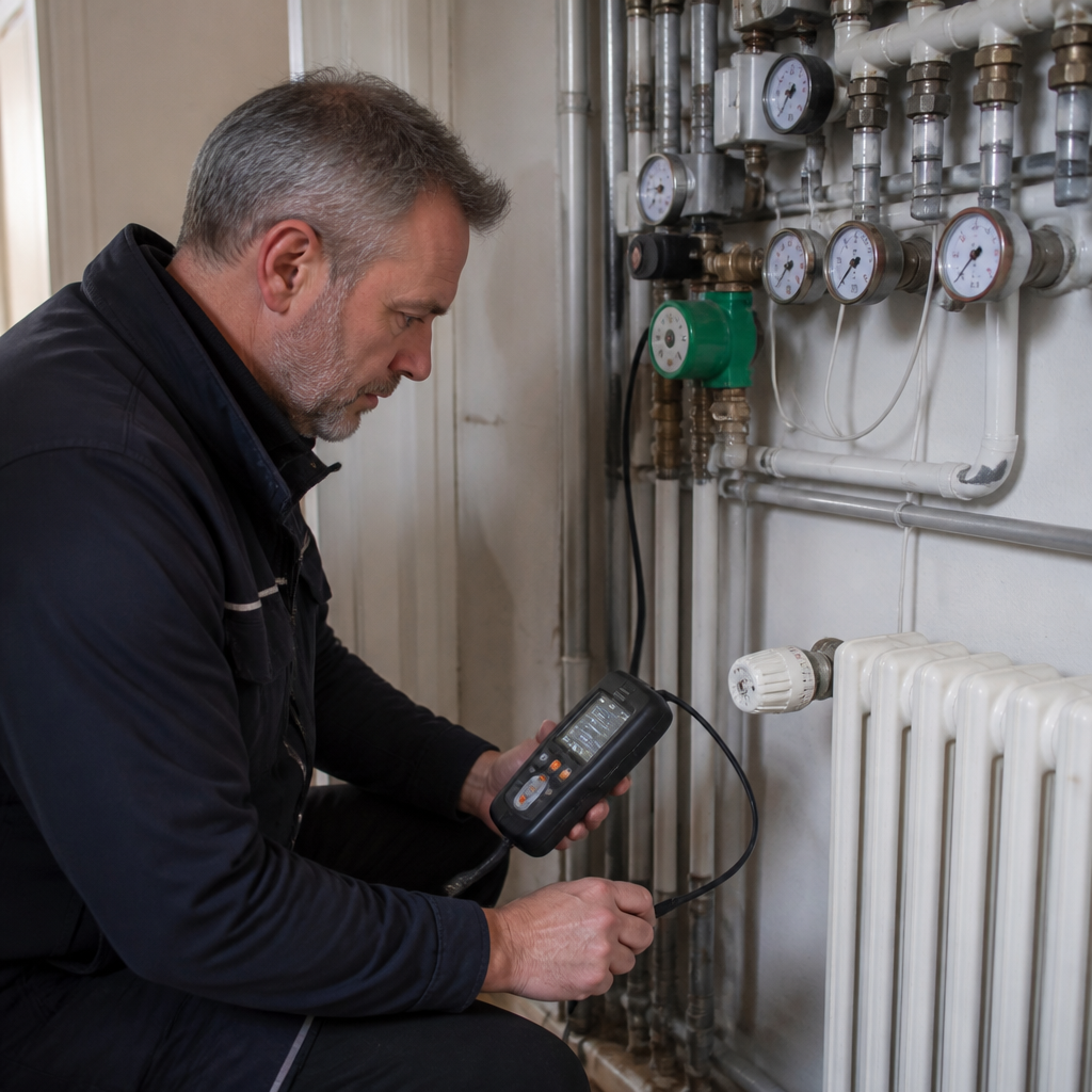 Techniker prüft Heizkörper und Heizungsrohre im Altbau vor der Wärmepumpennachrüstung