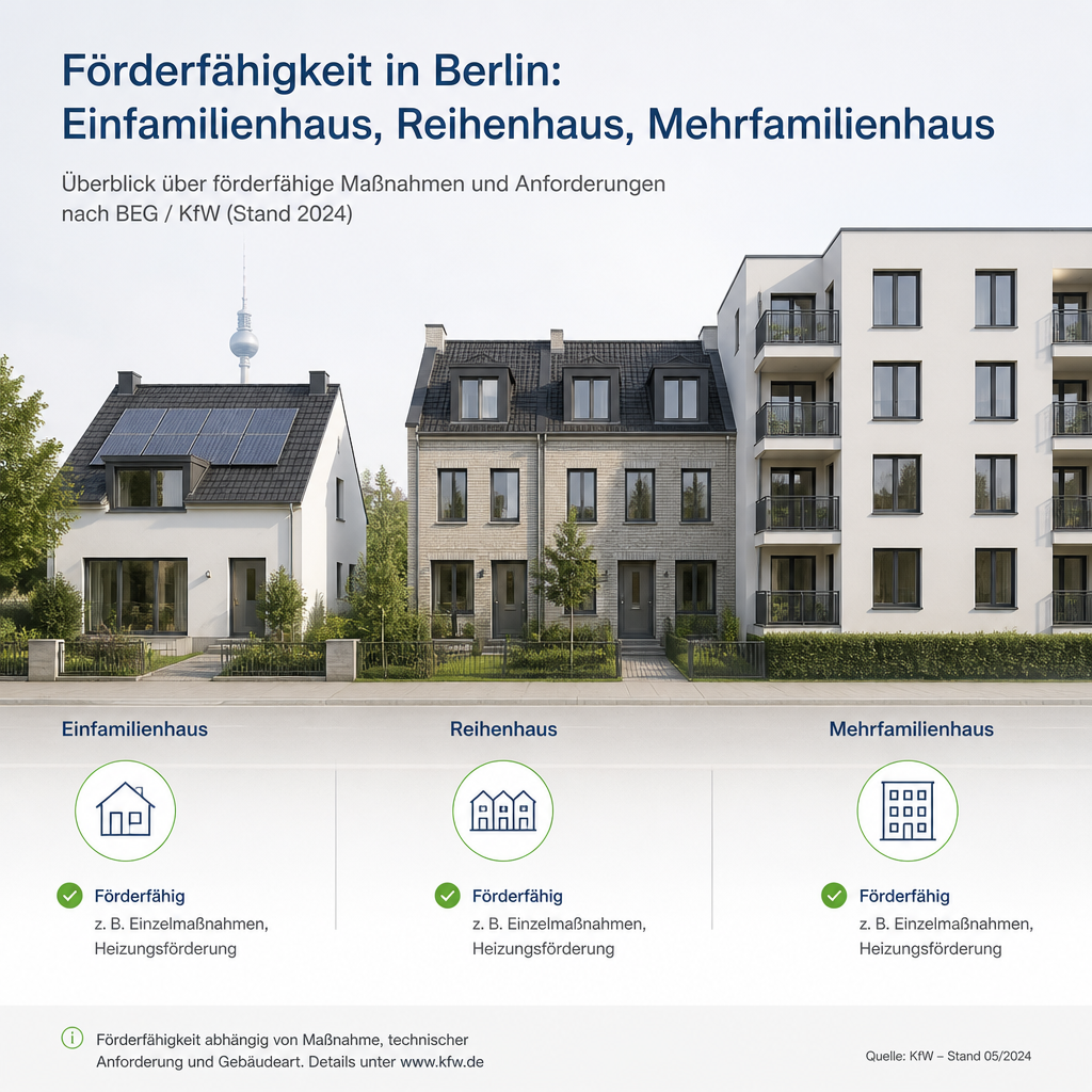 Vergleich von Einfamilienhaus, Reihenhaus und Mehrfamilienhaus für Wärmepumpen-Förderung