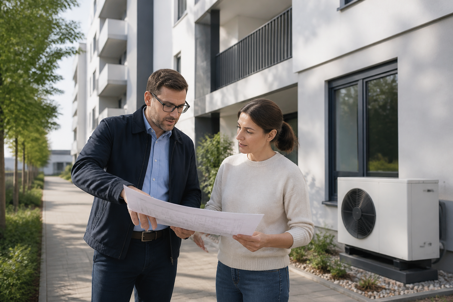 Hausbesitzerin und Energieberater betrachten die Planung einer Wärmepumpe vor einem Wohnhaus in Berlin