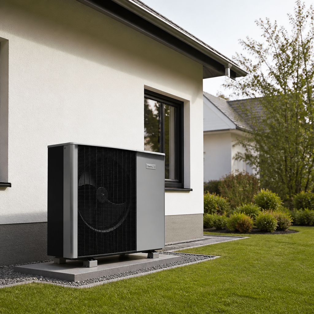 Außeneinheit einer Wärmepumpe vor einem Wohnhaus in Eberswalde