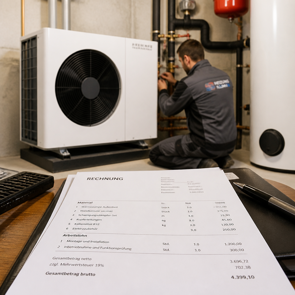 Handwerker installiert eine Wärmepumpe und dokumentiert die Arbeit auf einer Rechnung