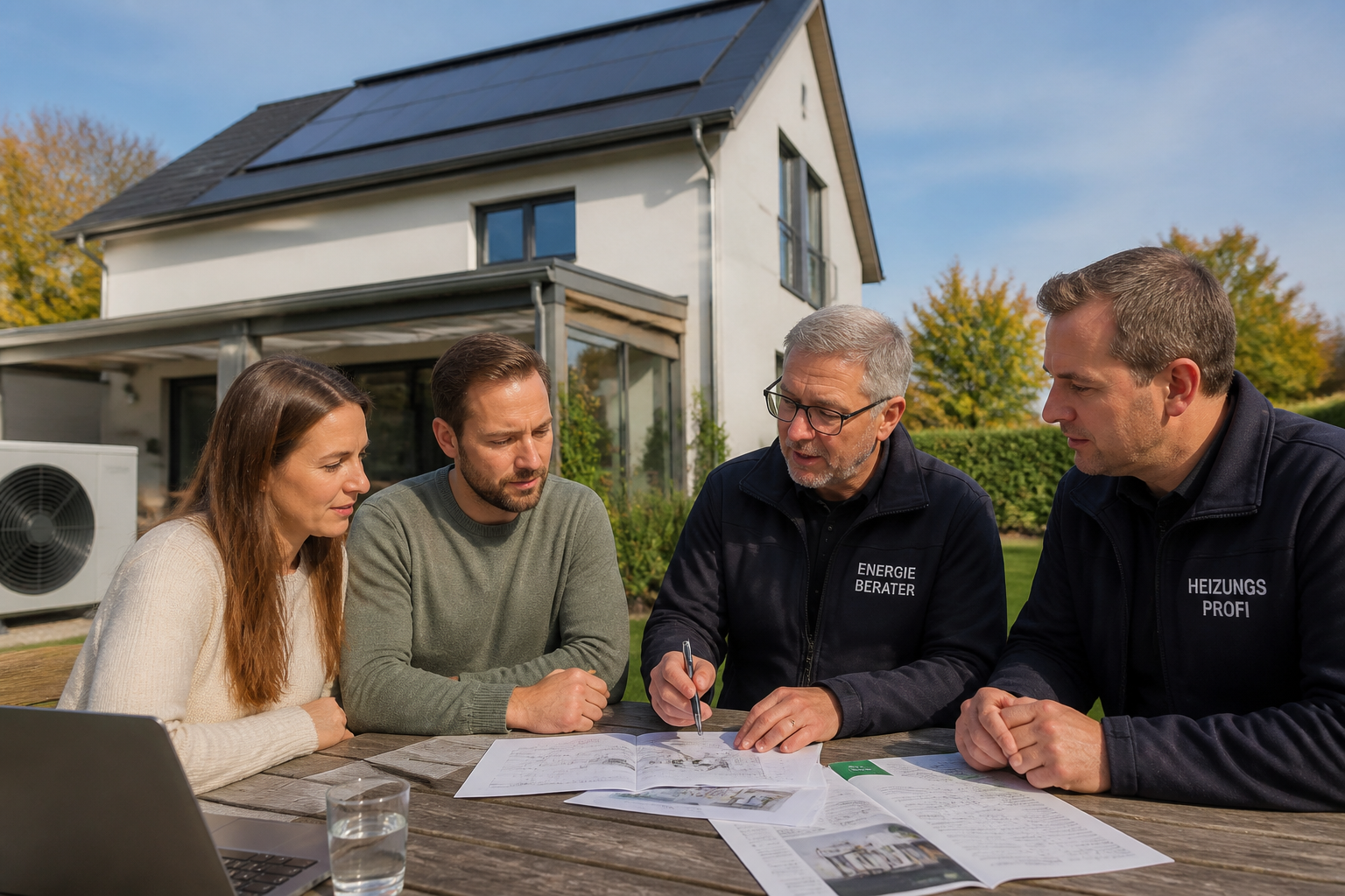 Eigentümer besprechen mit Energieberater und Fachhandwerker die Planung einer Wärmepumpe vor einem Wohnhaus in Berlin-Brandenburg