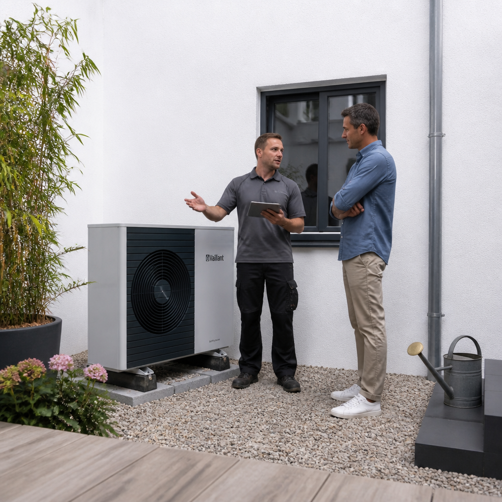 Installierte Wärmepumpe an einem Wohnhaus mit technischer Beratungssituation