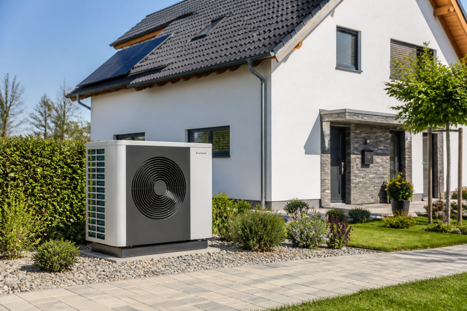 Einfamilienhaus in Brandenburg mit moderner Wärmepumpe im Vorgarten bei Tageslicht