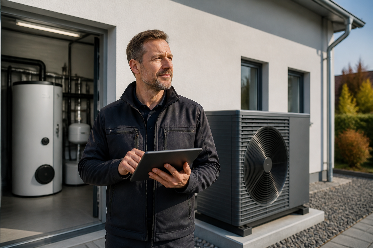 Installateur prüft eine Wärmepumpe am Einfamilienhaus in Brandenburg