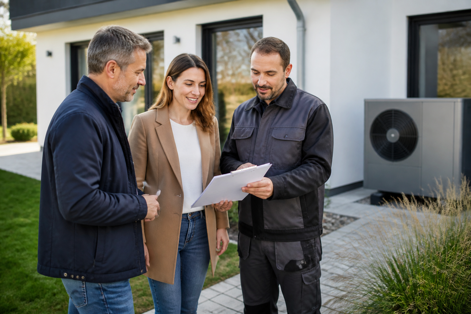 Hausbesitzer besprechen mit Energieberater und Handwerker die Förderung einer Wärmepumpe vor einem Einfamilienhaus in Brandenburg.