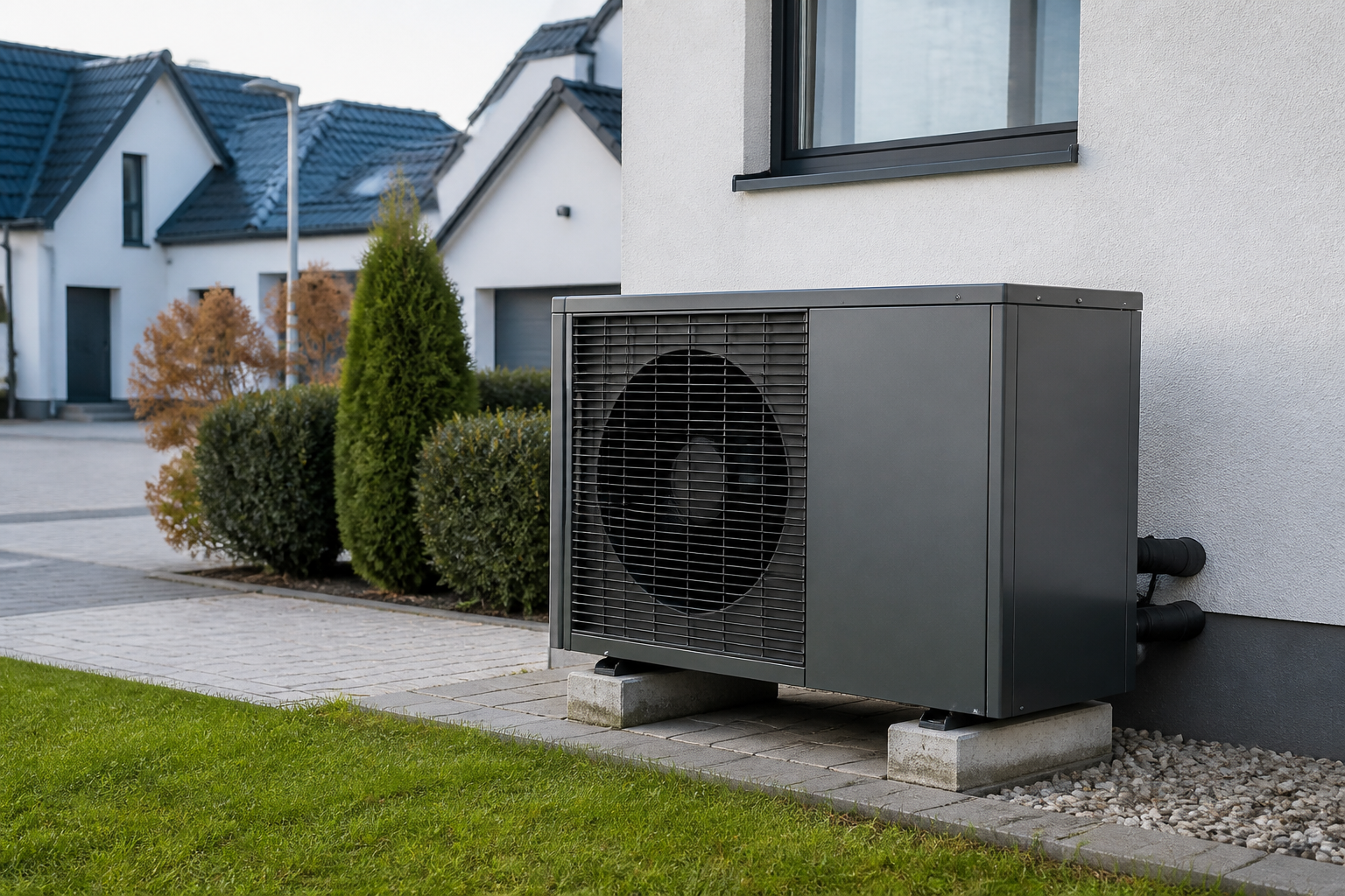 Moderne Wärmepumpe an einem Einfamilienhaus in einer Wohnsiedlung im Raum Oranienburg