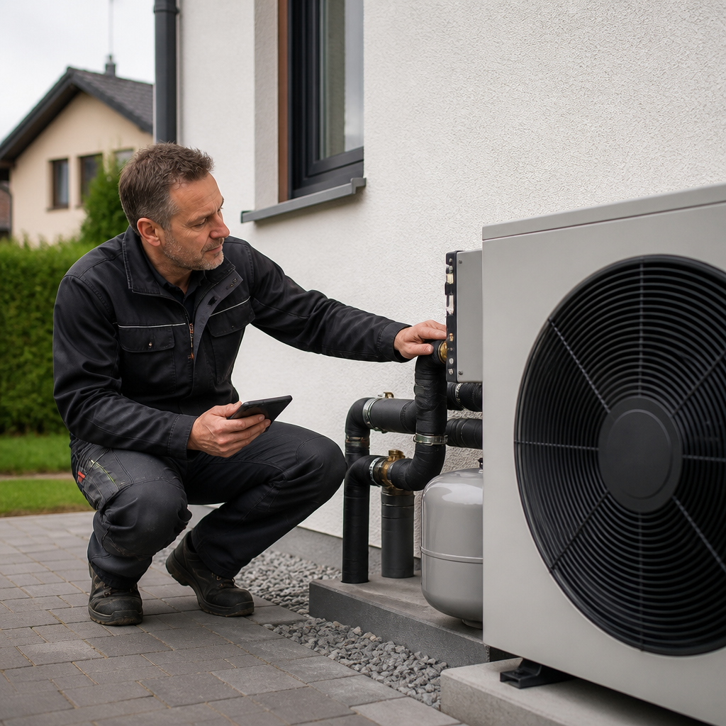 Techniker prüft die Installation einer Wärmepumpe am Einfamilienhaus