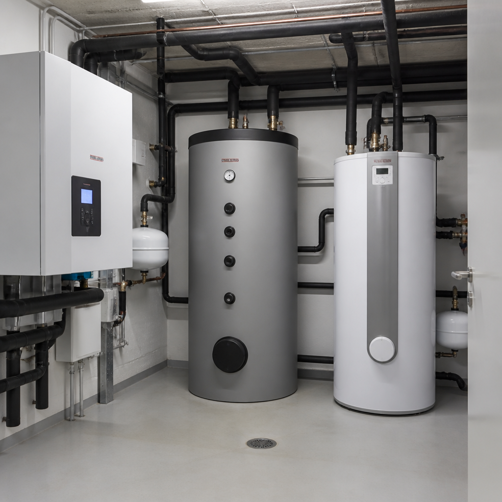 Technikraum im Neubau mit Wärmepumpe, Speicher und sauberer Installation
