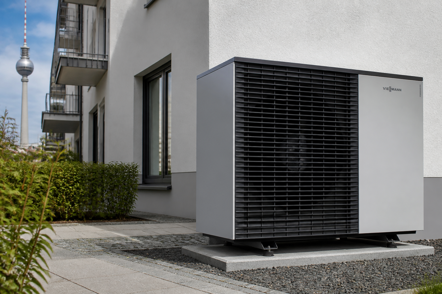 Fachgerechte Installation einer Wärmepumpe an einem Berliner Wohnhaus