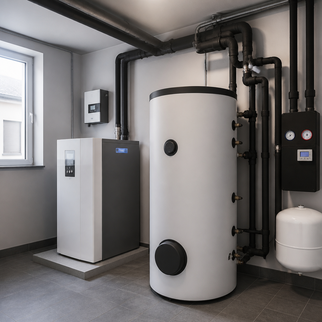 Installierte Wärmepumpe mit Heizungsraum im Wohnhaus