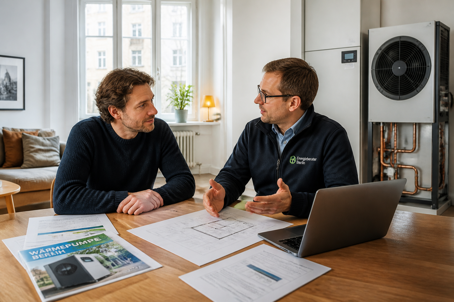 Eigentümer und Energieberater prüfen Förderunterlagen für eine Wärmepumpe in einem Berliner Wohnhaus