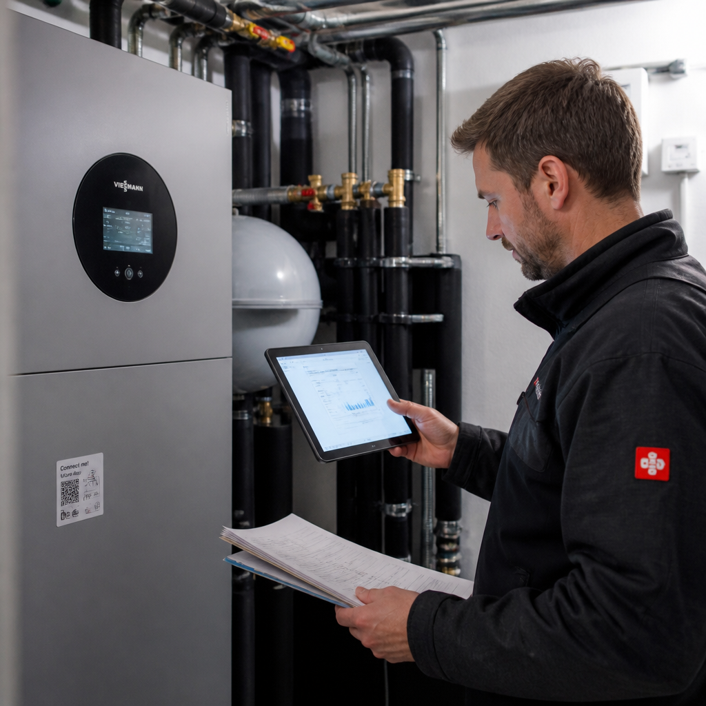 Fachbetrieb prüft Wärmepumpen-Modell und Heizsystem im Technikraum
