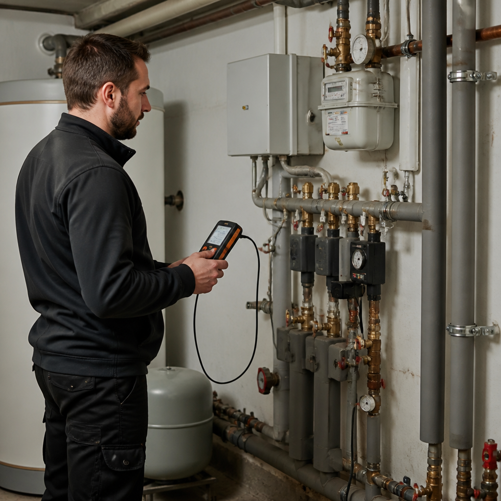 Techniker prüft Heizungsraum und elektrische Anschlüsse vor der Wärmepumpeninstallation