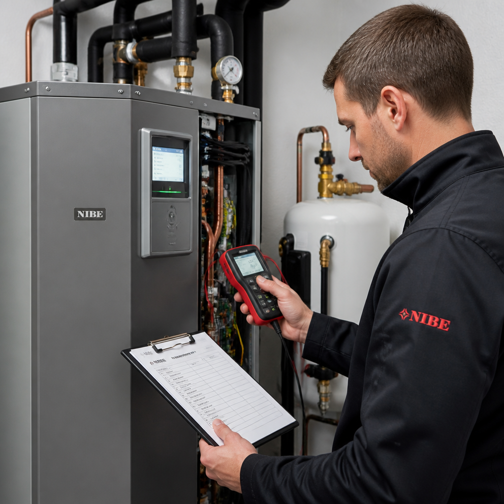 Techniker prüft die Wärmepumpenregelung und dokumentiert Messwerte