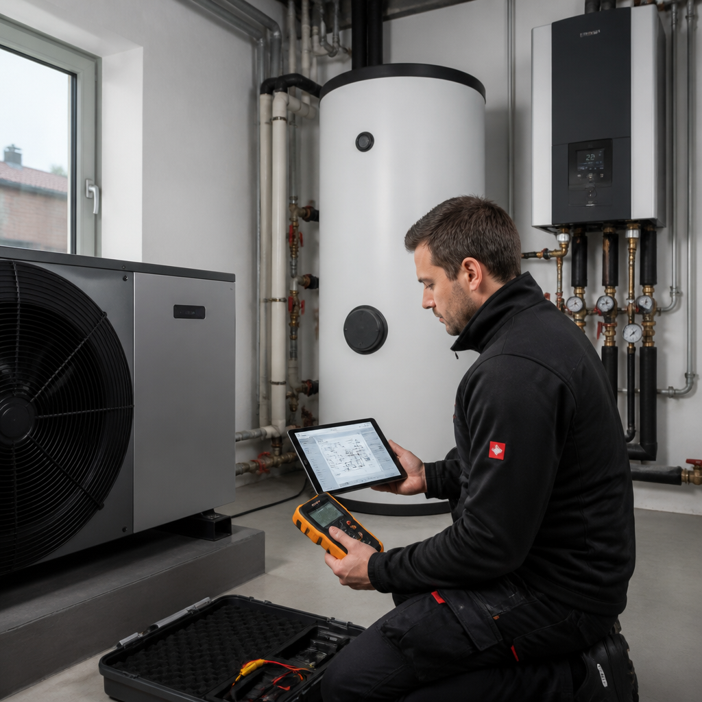 Fachbetrieb prüft Heizungsanlage für eine Wärmepumpe