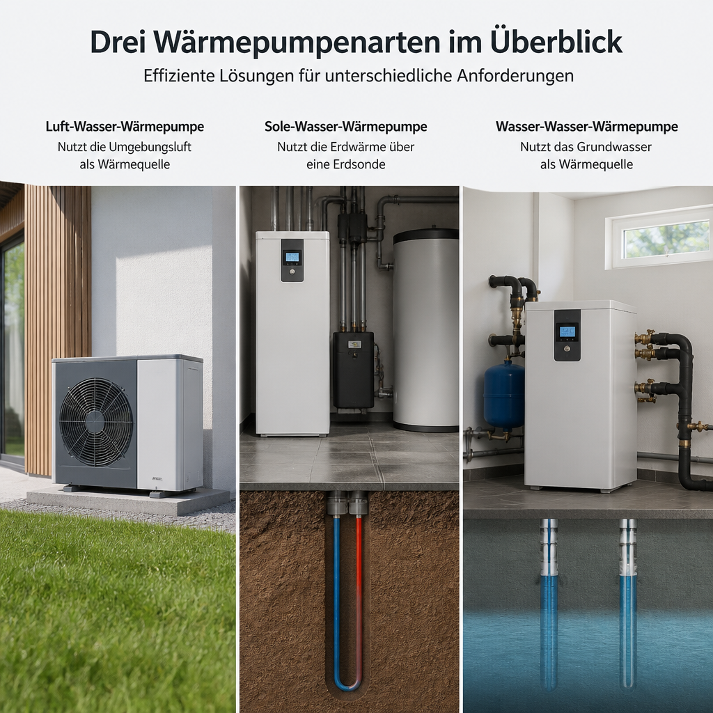 Vergleich verschiedener Wärmepumpenarten in einer technischen Illustration