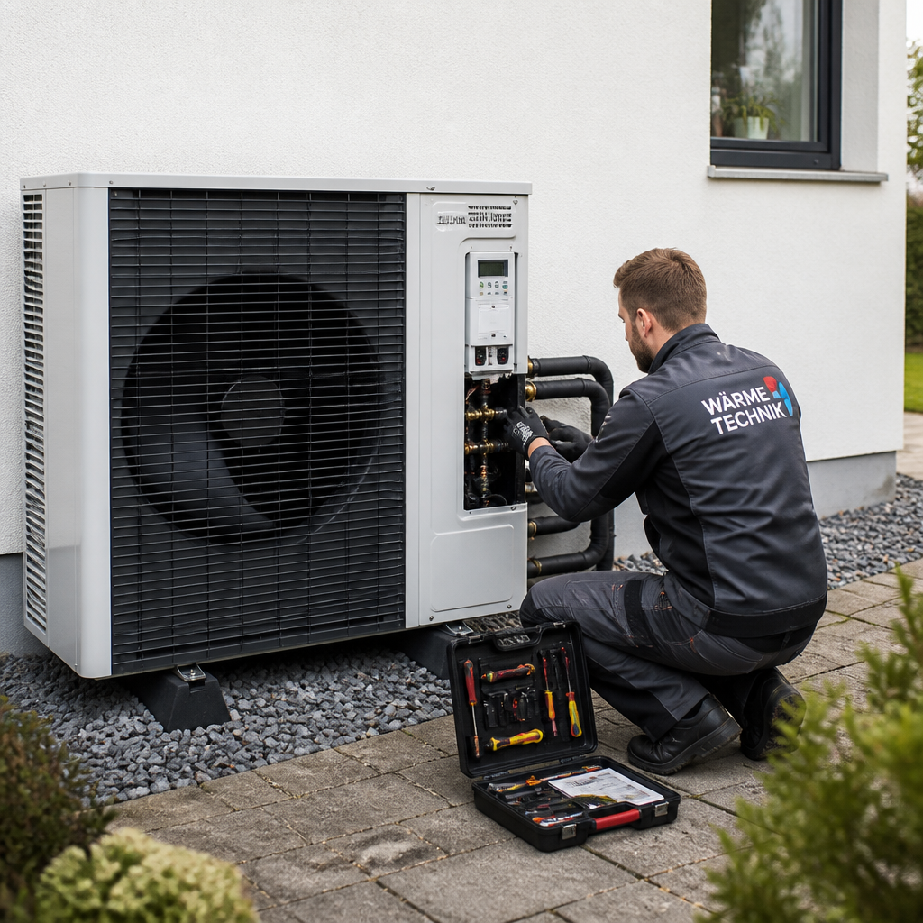 Außeneinheit einer Wärmepumpe mit Fachhandwerker bei der Installation