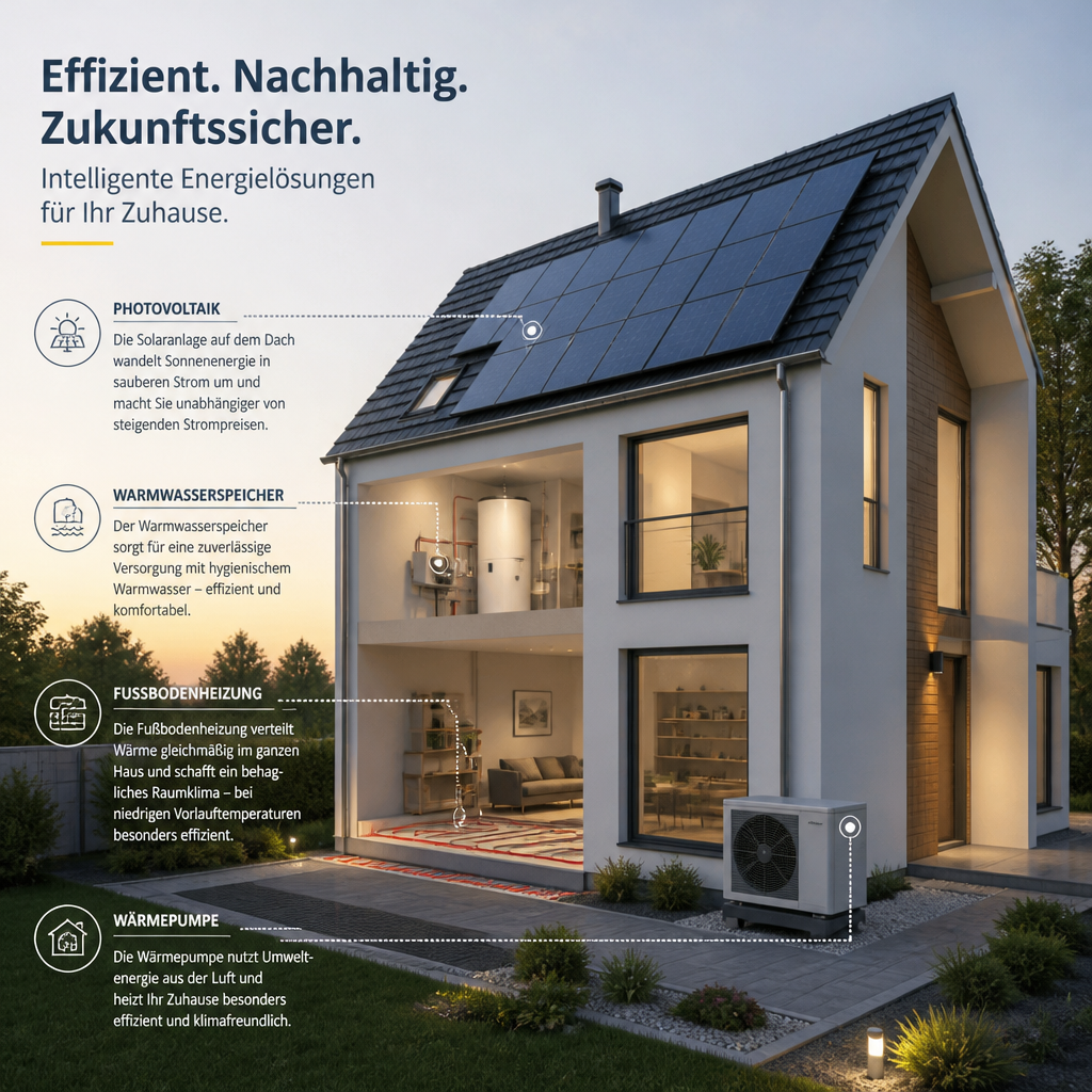 Schema eines Neubau-Heizsystems mit Wärmepumpe, Fußbodenheizung und Photovoltaik