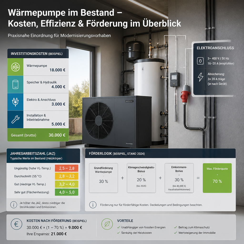 Infografik zu Kosten, JAZ und Netzanschluss einer Wärmepumpe in Bayern