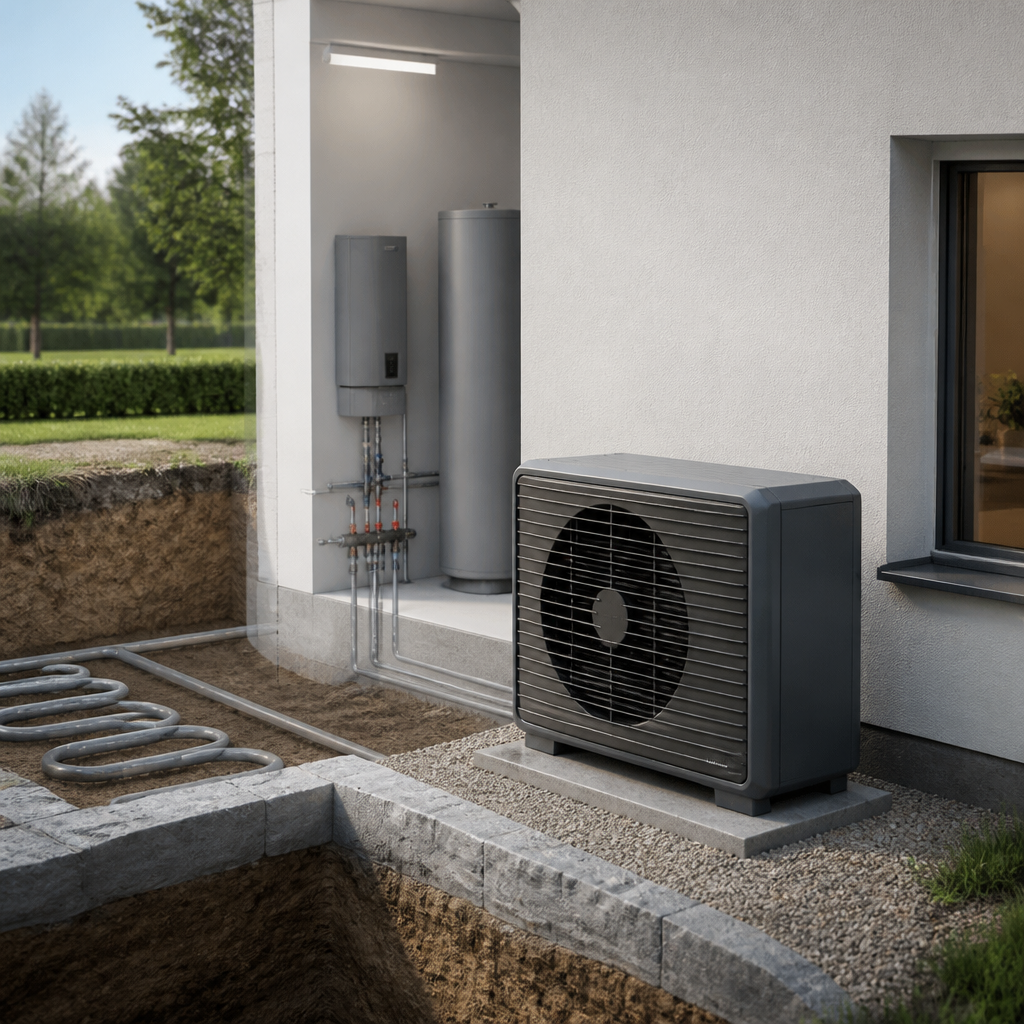 Vergleich von Kostenfaktoren bei Wärmepumpeninstallation mit Haus, Außeneinheit und Erdarbeiten