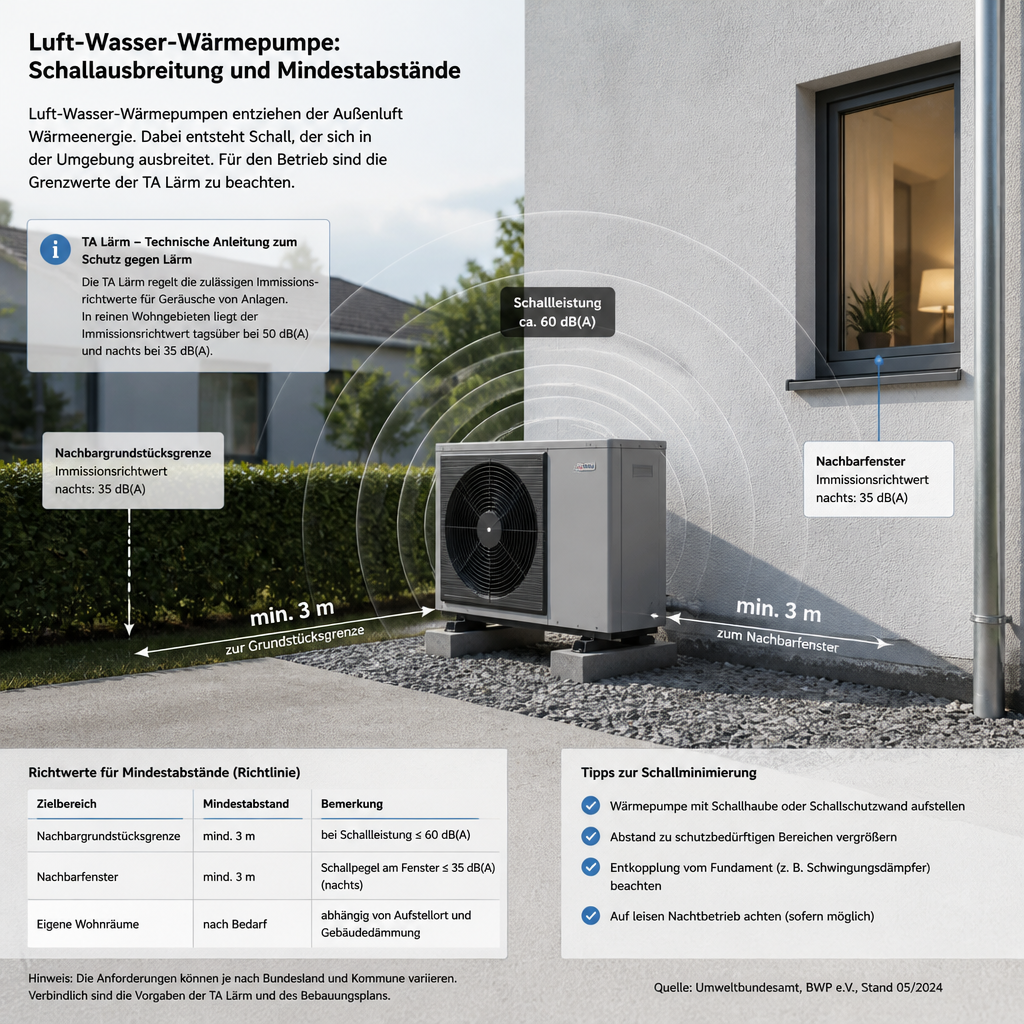Schallausbreitung einer Wärmepumpe zwischen Außeneinheit, Hauswand und Nachbarfenster