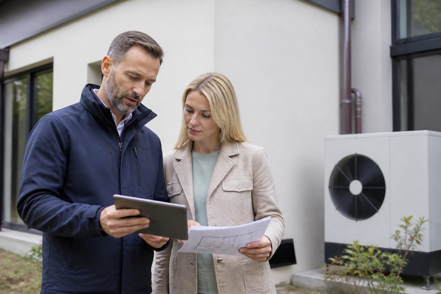 Hausbesitzer und Energieberater prüfen gemeinsam Unterlagen zur Wärmepumpen-Förderung vor einem Wohnhaus in Berlin oder Brandenburg