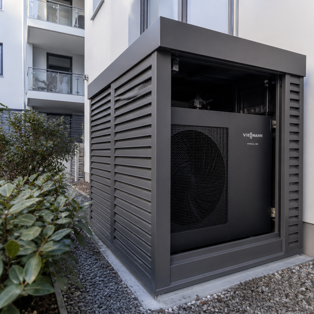 Wärmepumpe in einem urbanen Innenhof mit Fachplanung und Schallschutz