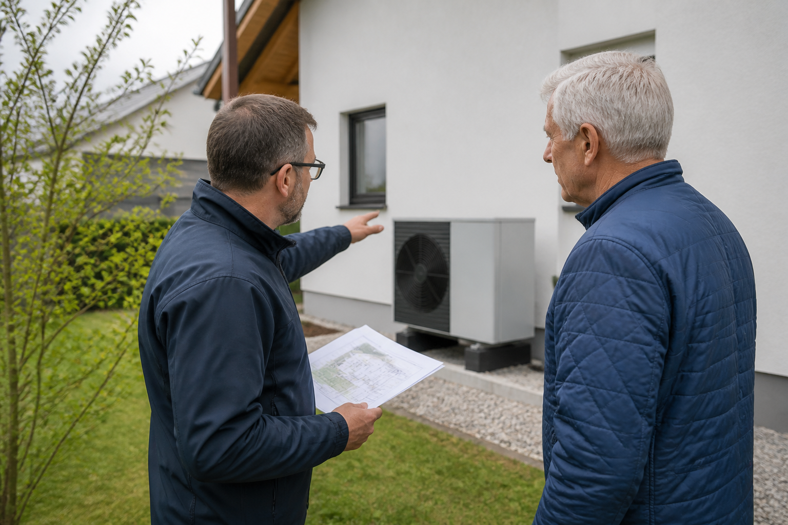 Fachbetrieb prüft die Aufstellung einer Wärmepumpe vor einem Einfamilienhaus in Brandenburg