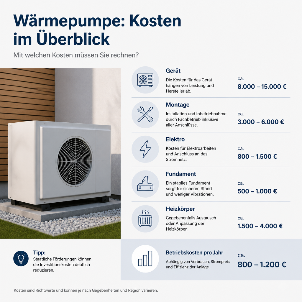 Infografik mit Wärmepumpe-Kostenblöcken und Beispielrechnung für Brandenburg