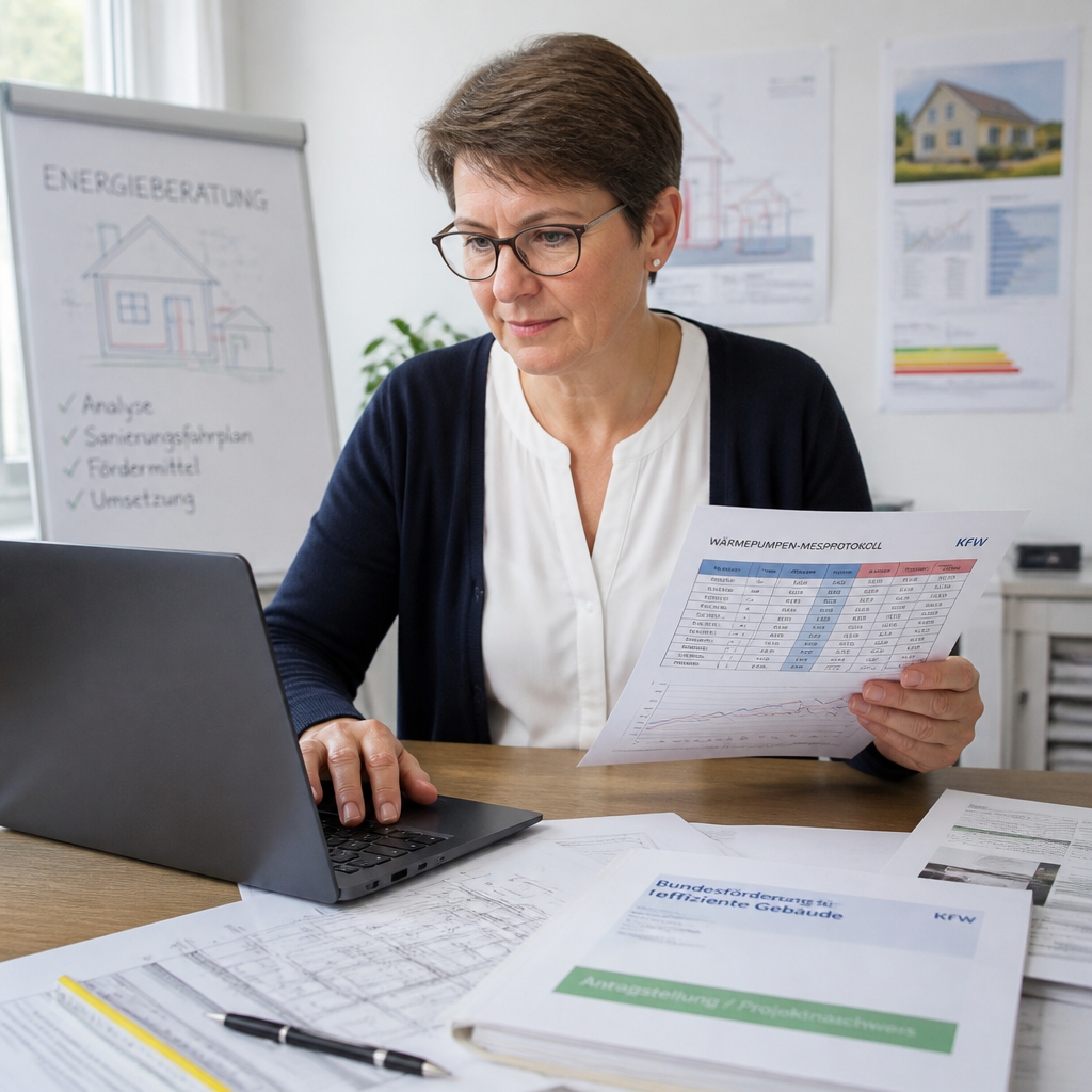Energieberaterin prüft Förderunterlagen für eine Wärmepumpe