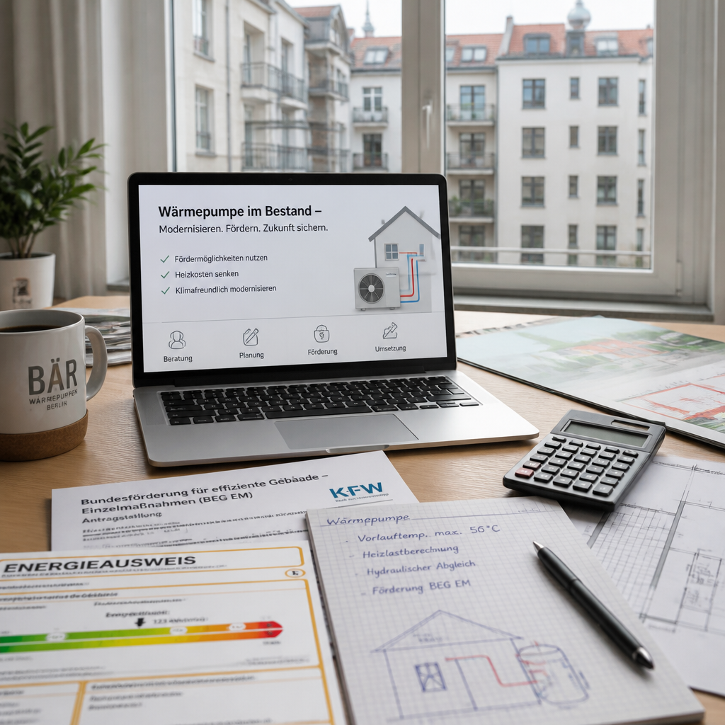 Förderweg für Wärmepumpe in Berlin als Ablaufgrafik auf einem Schreibtisch