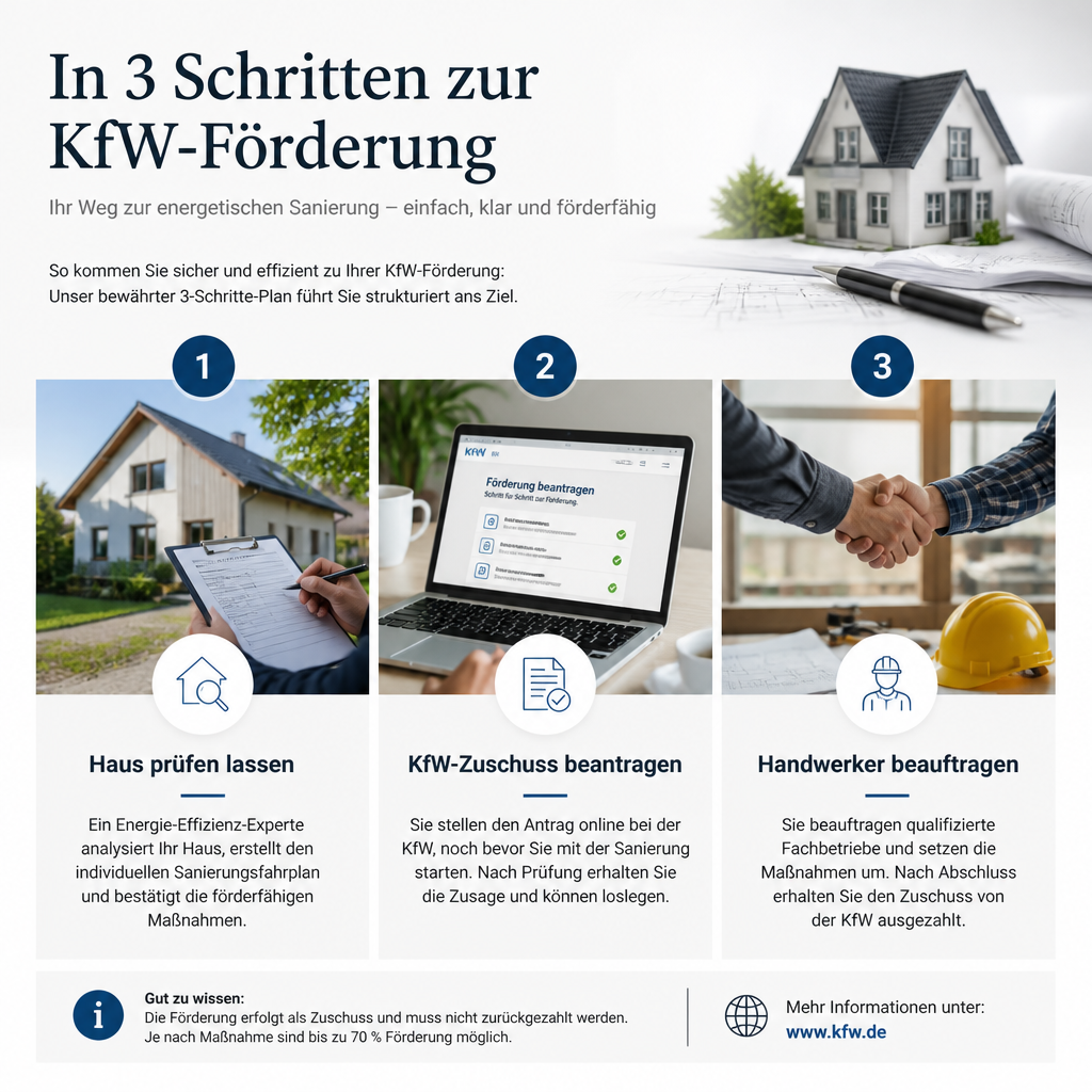 Infografik zur Reihenfolge von Technikprüfung, Förderantrag und Beauftragung bei der Wärmepumpe