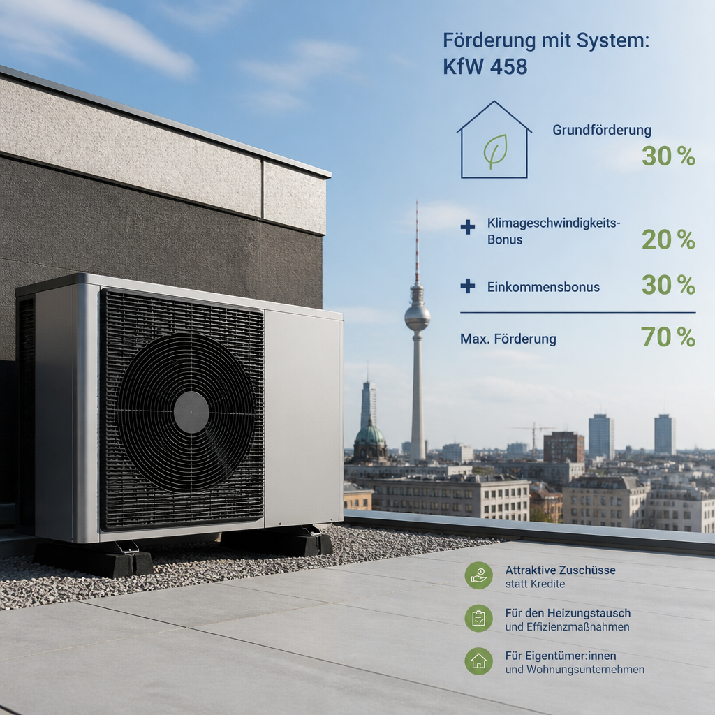 Diagramm zur Förderlogik von KfW 458 und Zusatzprogrammen in Berlin