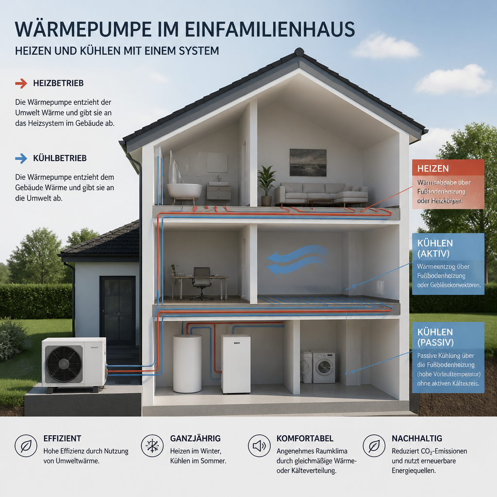 Schema einer Wärmepumpe mit aktivem und passivem Kühlpfad im Haus
