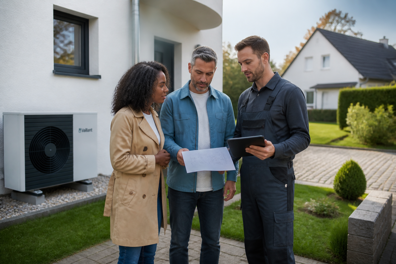 Hausbesitzer und Fachplaner besprechen die Installation einer Wärmepumpe vor einem Einfamilienhaus in Brandenburg.