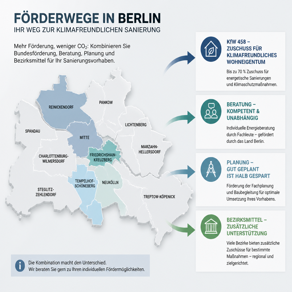 Schematische Förderlogik für Berliner Bezirke und KfW 458