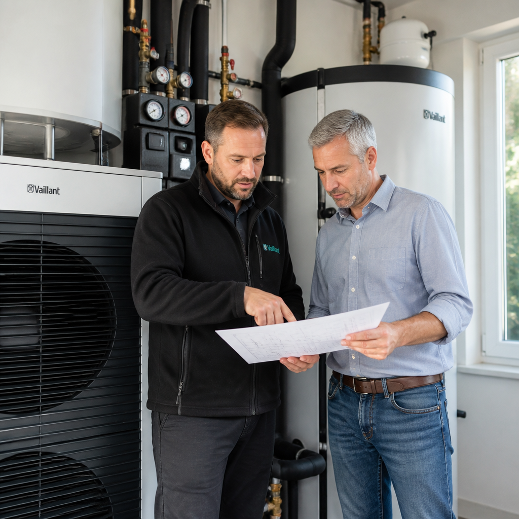 Installationsplan und Fachbetrieb besprechen Wärmepumpe im Heizungsraum