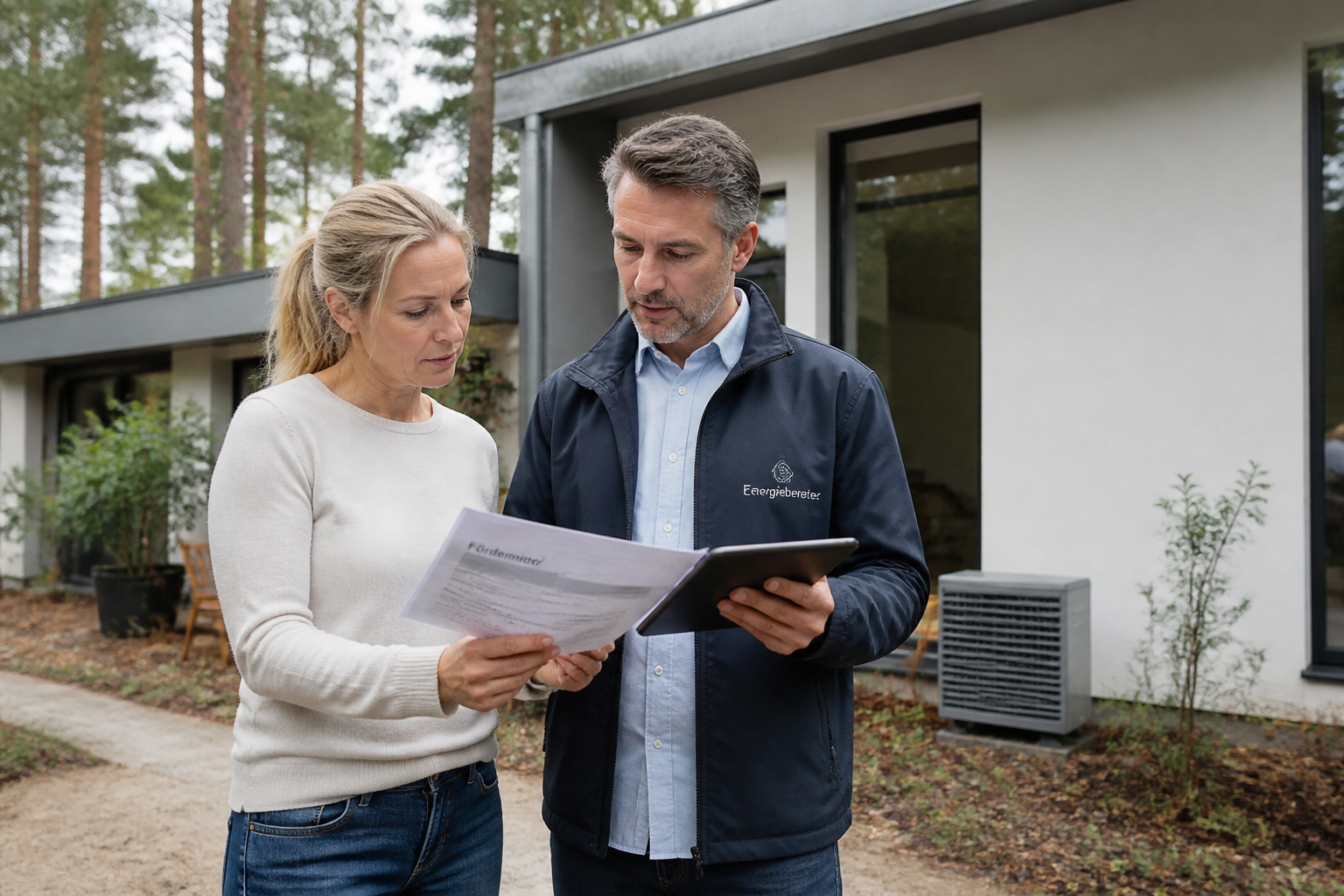 Hausbesitzer prüft Förderunterlagen für eine Wärmepumpe vor einem Wohnhaus in Berlin-Brandenburg