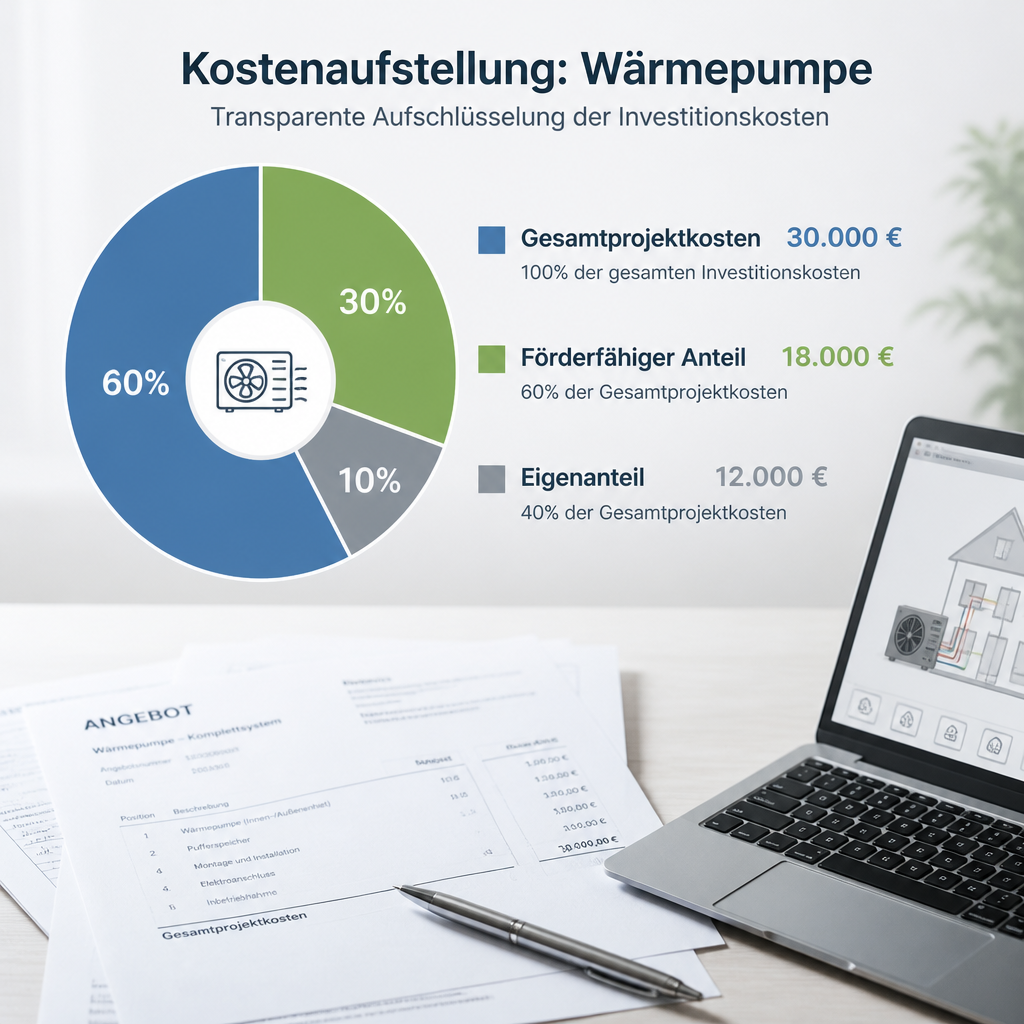 Schema zur Aufteilung von Gesamtprojektkosten, förderfähigen Kosten und Eigenanteil bei einer Wärmepumpe
