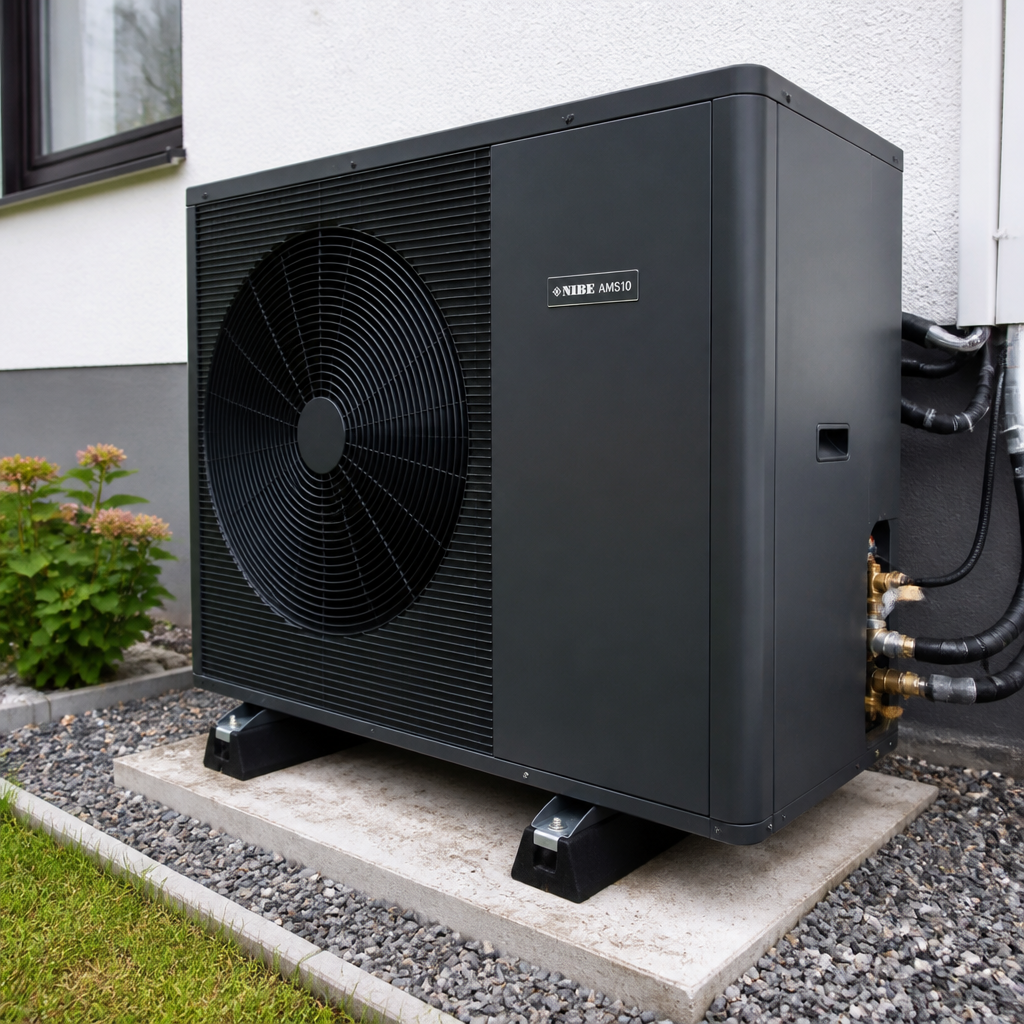 Außeneinheit einer Wärmepumpe neben einem Haus mit übersichtlicher Installation